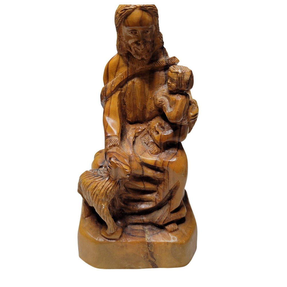 Hand Carved Olive Wood Jesus Good Shepherd Figurine with Child‎ and Lamb 6 Inch